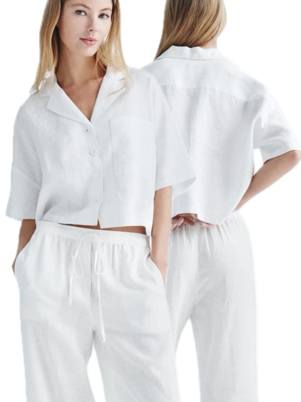 (NWOT) DKNY Linen-Blend Camp Boxy Cropped Short-Sleeve Button-Up Shirt (White)
